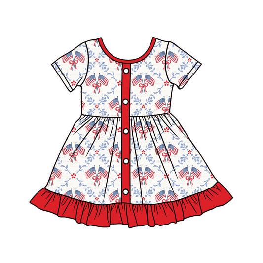 NO MOQ Preorder GSD3466 4th of July Flag Bows Red Ruffle Short Sleeve Dresses for Girls 202512
