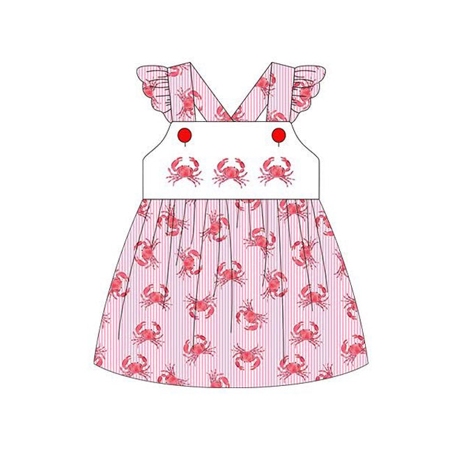 NO MOQ Preorder GSD3469 Crab Pattern Stripe Rose Red Flying Sleeve Dresses for Girls 202512