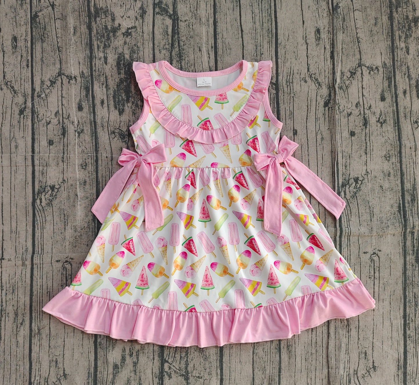 NO MOQ Preorder GSD3470 Ice Cream Pink Bows Ruffle Sleeveless Dresses for Girls 202512