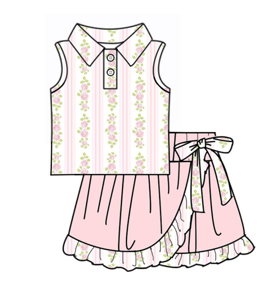 MOQ 5 preorder GSD3473 Floral Leaf Stripe Pink Polo Sleeveless Top with Bow Ruffle Skirts for Girls Yoga Sets 202512