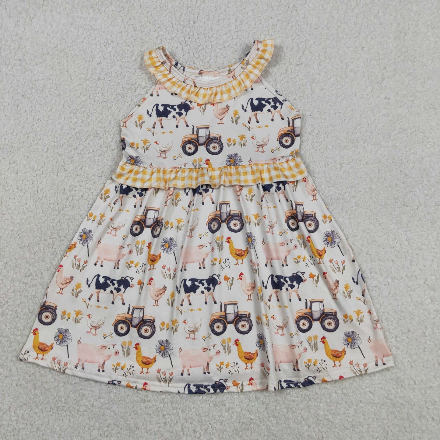 GSD3476 Farm Animals Yellow Plaid Ruffle Sleeveless Dresses for Girls 202605 RTS