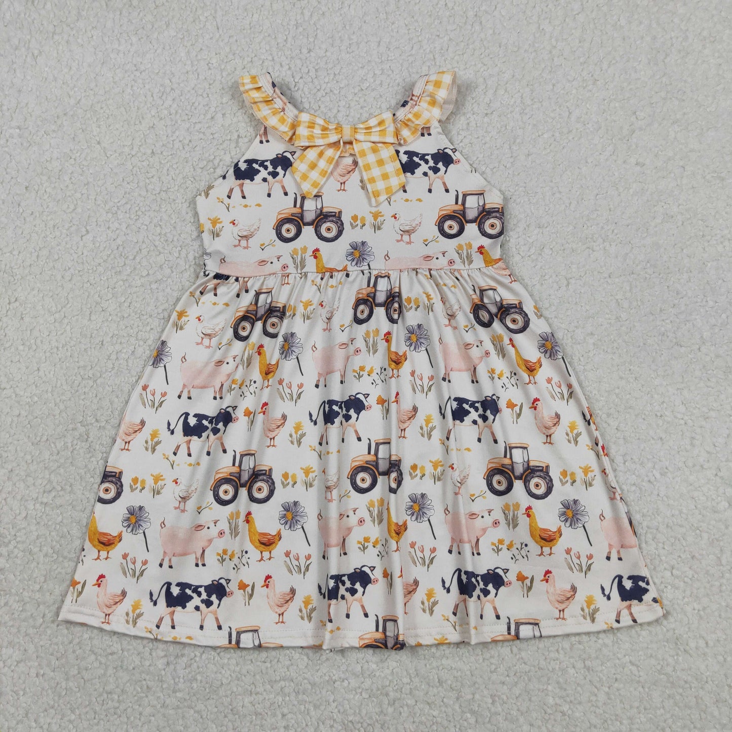 GSD3476 Farm Animals Yellow Plaid Ruffle Sleeveless Dresses for Girls 202605 RTS