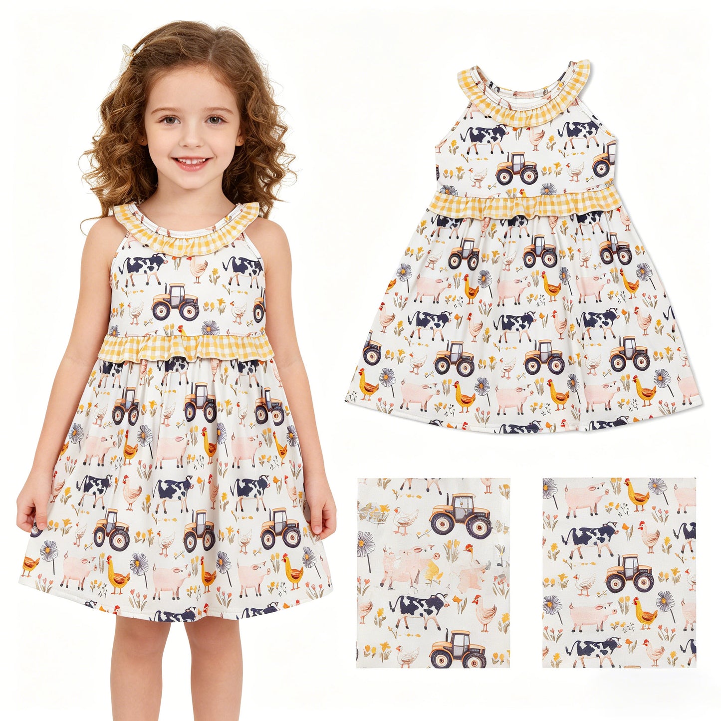 GSD3476 Farm Animals Yellow Plaid Ruffle Sleeveless Dresses for Girls 202605 RTS