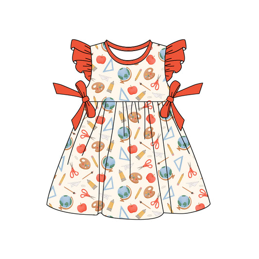 NO MOQ Preorder GSD3477 Back to School Globe Scissors Pencil Red Bow Flying Sleeve Dresses for Girls 202512