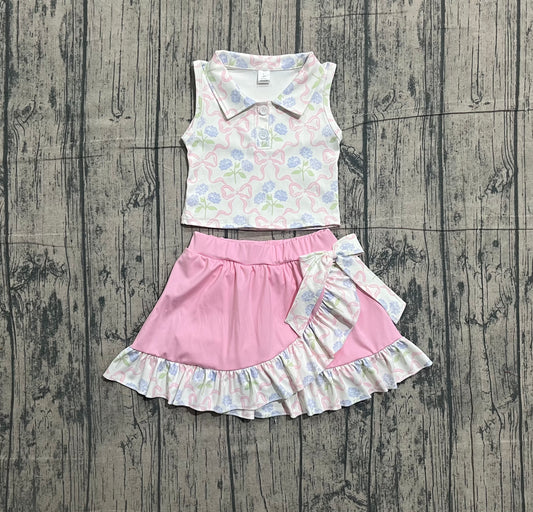 NO MOQ preorder GSD3478 Bows Flower Polo Sleeveless Top with Ruffle Pink Skirts for Girls Yoga Sets 202601