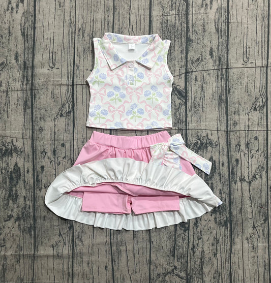 NO MOQ preorder GSD3478 Bows Flower Polo Sleeveless Top with Ruffle Pink Skirts for Girls Yoga Sets 202601
