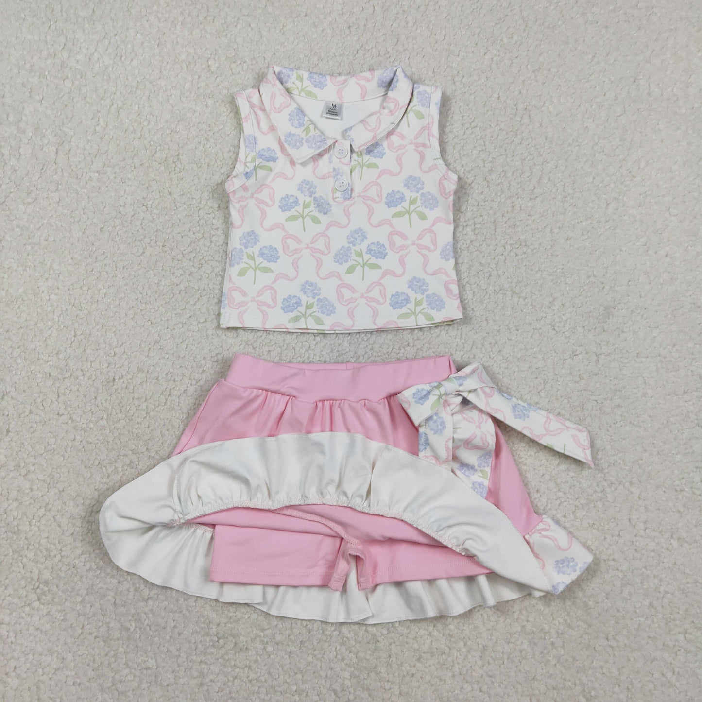 GSD3478 Bows Flower Polo Sleeveless Top with Ruffle Pink Skirts for Girls Yoga Sets 202601 RTS