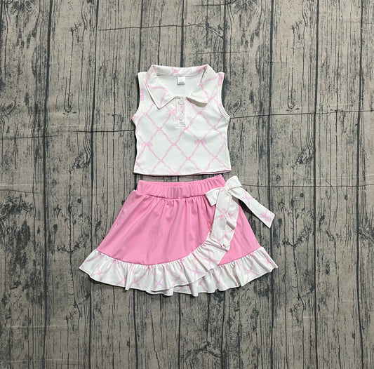 NO MOQ preorder GSD3479 Pink Bows Polo Sleeveless Top with Ruffle Skirts for Girls Yoga Sets 202601