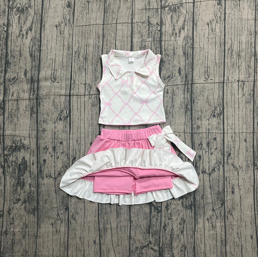 NO MOQ preorder GSD3479 Pink Bows Polo Sleeveless Top with Ruffle Skirts for Girls Yoga Sets 202601