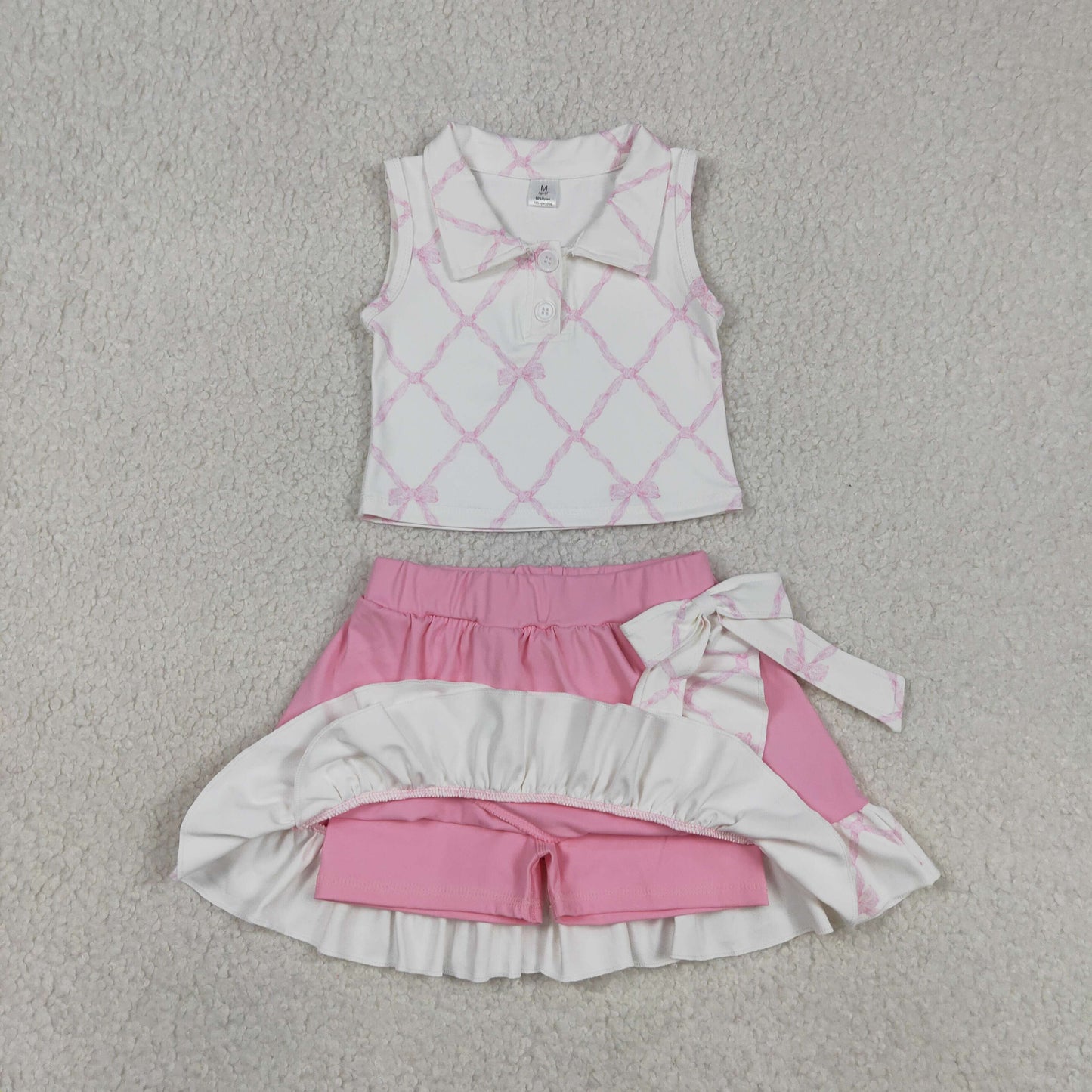 GSD3479 Pink Bows Polo Sleeveless Top with Ruffle Skirts for Girls Yoga Sets 202604 RTS