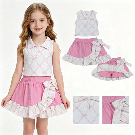 GSD3479 Pink Bows Polo Sleeveless Top with Ruffle Skirts for Girls Yoga Sets 202604 RTS