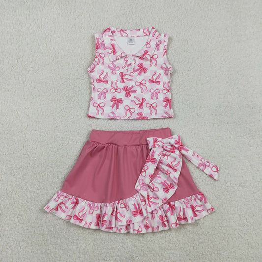 GSD3480 Pink Bows Plaid Polo Sleeveless Top with Ruffle Skirts for Girls Yoga Sets 202601 RTS
