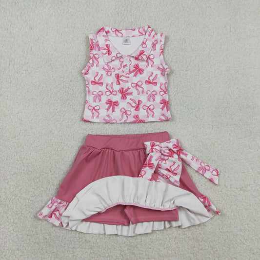 GSD3480 Pink Bows Plaid Polo Sleeveless Top with Ruffle Skirts for Girls Yoga Sets 202601 RTS