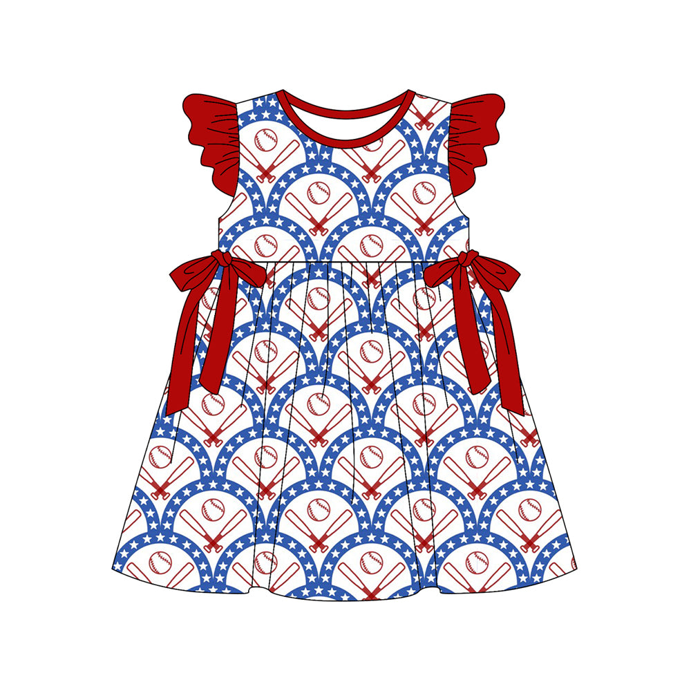 MOQ 5 PCS Preorder GSD3483 Baseball Star Red Bows Flying Sleeve Dresses for Girls 202512