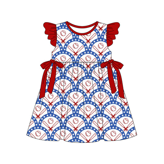 MOQ 5 PCS Preorder GSD3483 Baseball Star Red Bows Flying Sleeve Dresses for Girls 202512