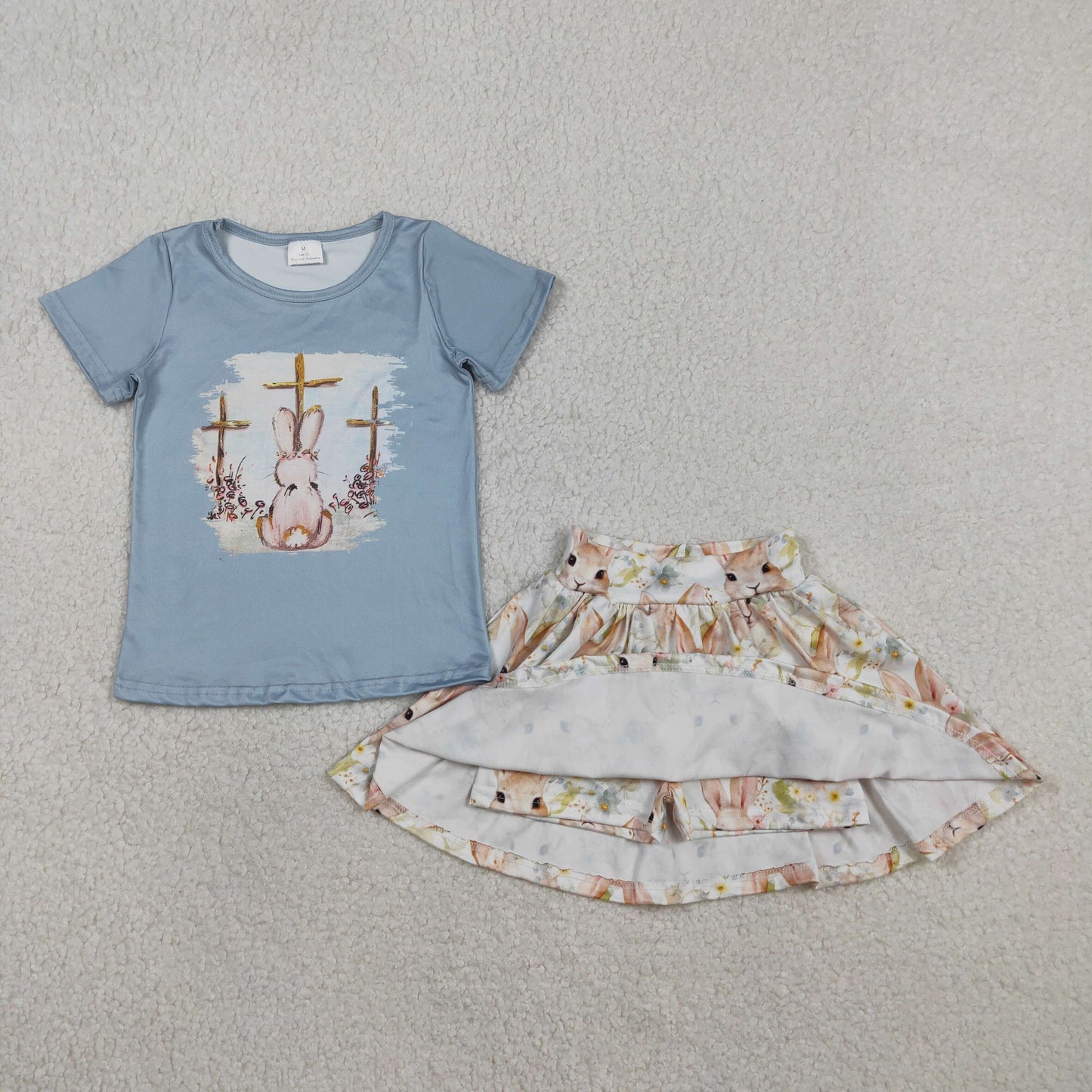 GSD3486 Easter Bunny Cross Blue Short Sleeve Skirts for Girls Sets 202601 RTS