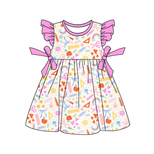 MOQ 5 PCS Preorder GSD3487 Back to School Rose Red Bows Flying Sleeve Dresses for Girls 202512