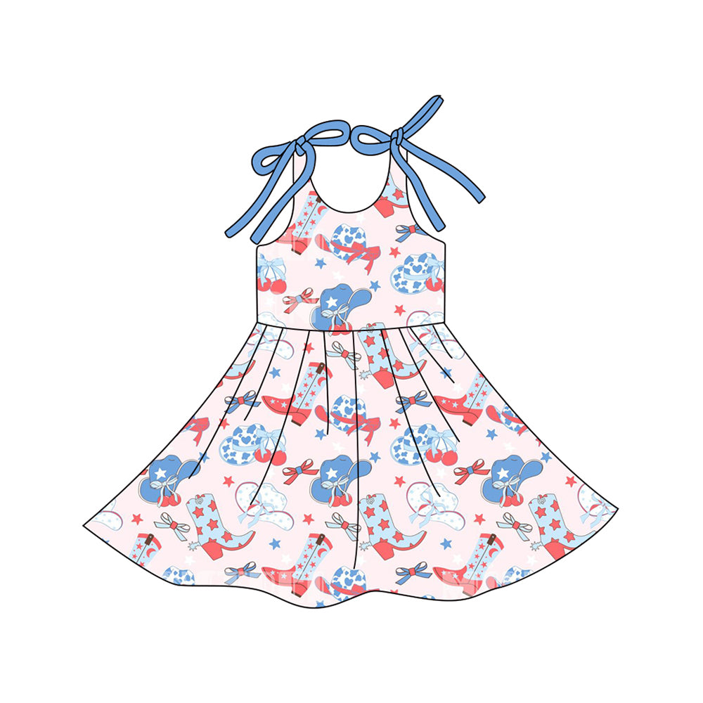 MOQ 5 PCS Preorder GSD3489 4th of July Cowgirl Star Boots Hat Halter Dresses for Girls 202512