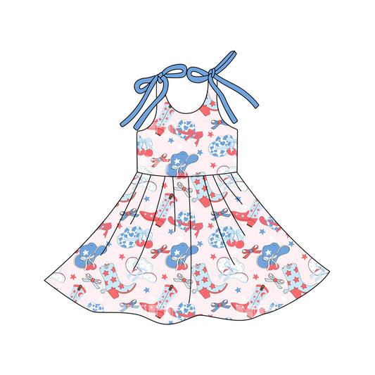 MOQ 5 PCS Preorder GSD3489 4th of July Cowgirl Star Boots Hat Halter Dresses for Girls 202512