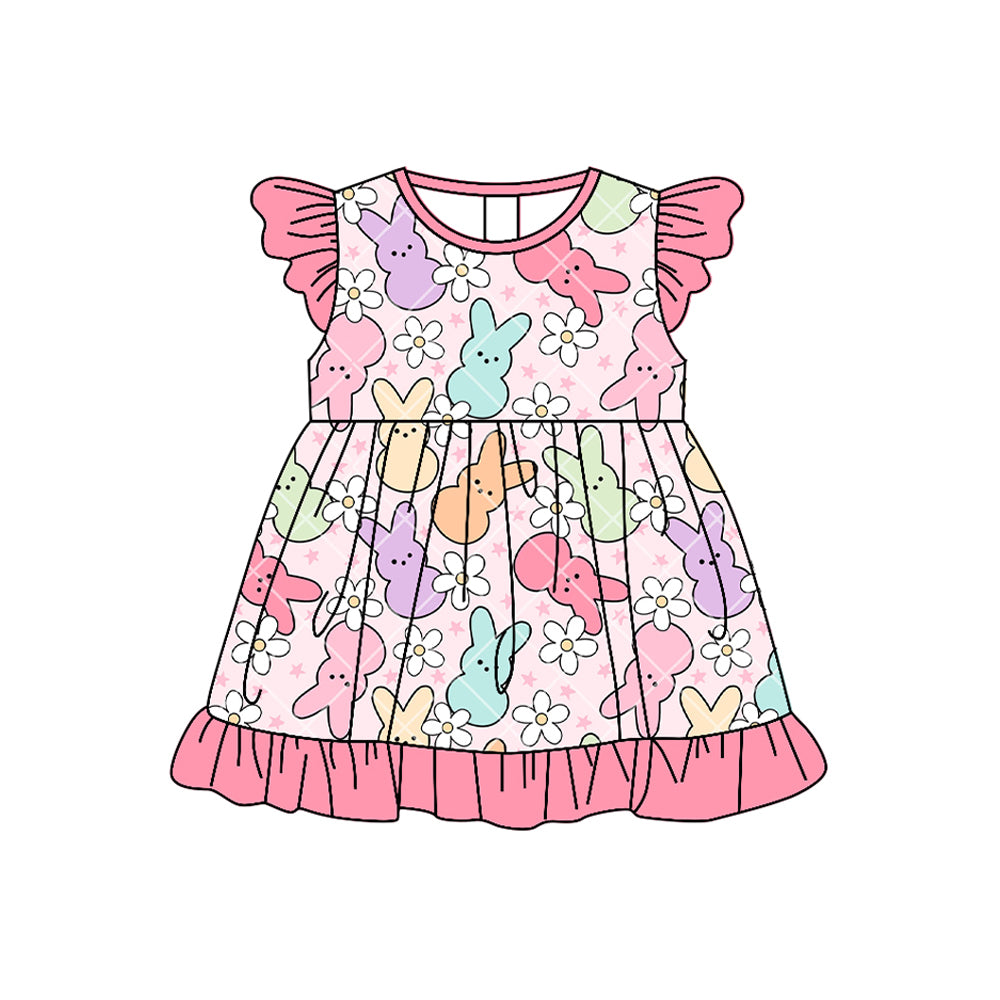MOQ 5 PCS Preorder GSD3491 Easter Bunny Flower Pink Bows Flying Sleeve Dresses for Girls 202512