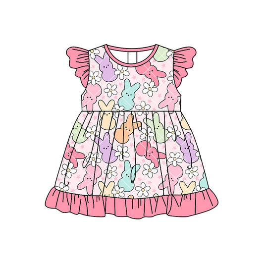 MOQ 5 PCS Preorder GSD3491 Easter Bunny Flower Pink Bows Flying Sleeve Dresses for Girls 202512