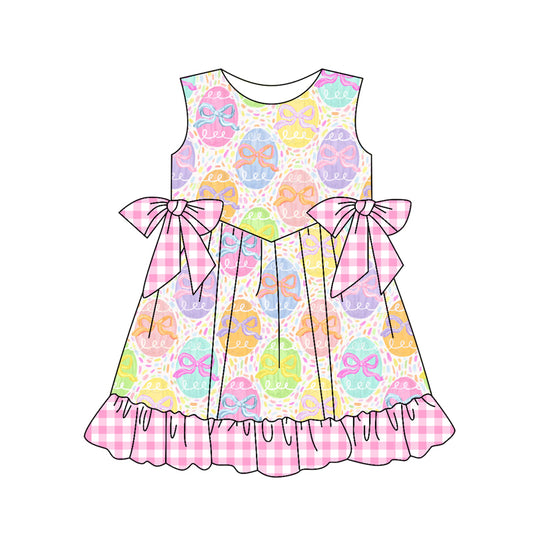 MOQ 5 PCS Preorder GSD3492 Easter Colored Eggs Bows Pink Plaid Bows Ruffle Sleeveless Dresses for Girls 202512