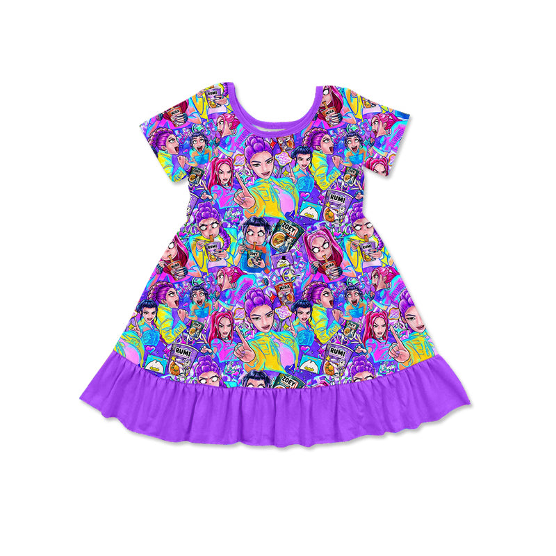 MOQ 5 PCS Preorder GSD3494 K-POP Purple Ruffle Short Sleeve Dresses for Girls 202512