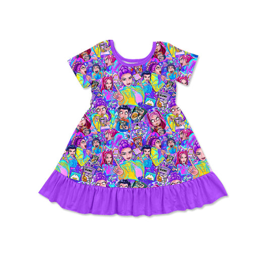 MOQ 5 PCS Preorder GSD3494 K-POP Purple Ruffle Short Sleeve Dresses for Girls 202512