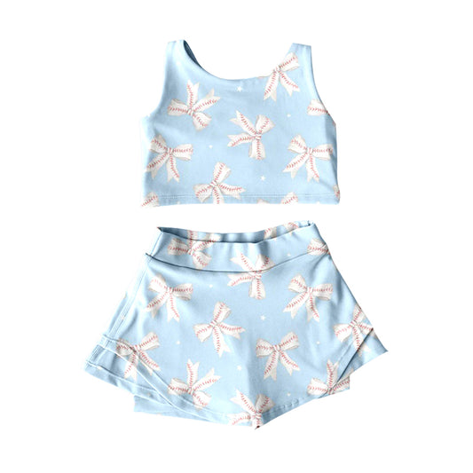 MOQ 5 preorder GSD3495 Baseball Bows Star Light Blue Sleeveless Top with Skirts for Girls Yoga Sets 202512