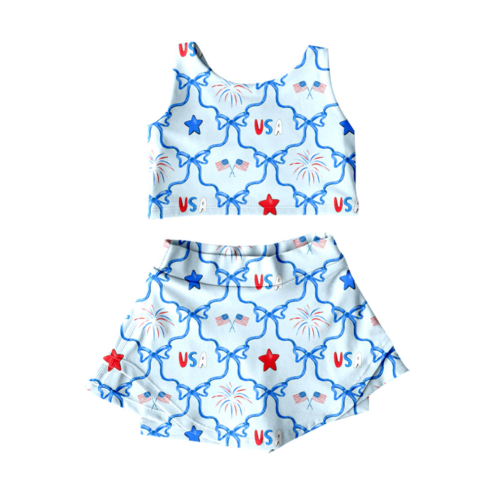 MOQ 5 preorder GSD3497 4th of July USA Fireworks Star Flag Blue Sleeveless Top with Skirts for Girls Yoga Sets 202512