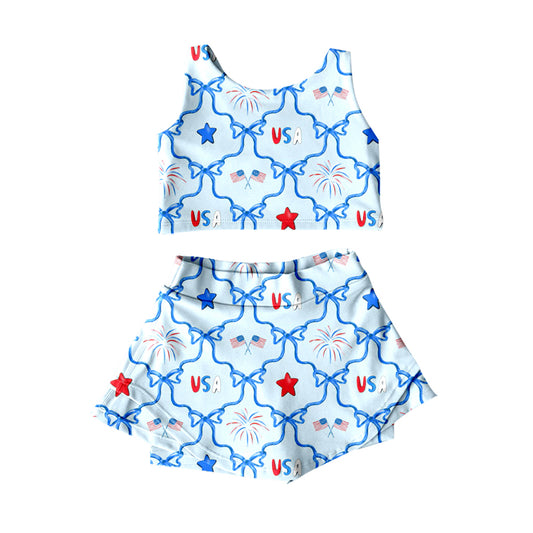 MOQ 5 preorder GSD3497 4th of July USA Fireworks Star Flag Blue Sleeveless Top with Skirts for Girls Yoga Sets 202512