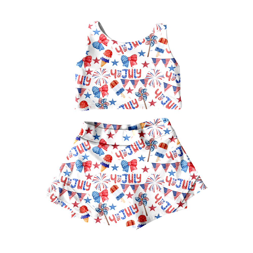 MOQ 5 preorder GSD3498 4th of July USA Fireworks Star Flag Ice Cream Bows White Sleeveless Top with Skirts for Girls Yoga Sets 202512