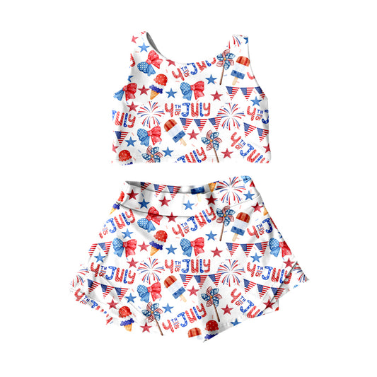 MOQ 5 preorder GSD3498 4th of July USA Fireworks Star Flag Ice Cream Bows White Sleeveless Top with Skirts for Girls Yoga Sets 202512
