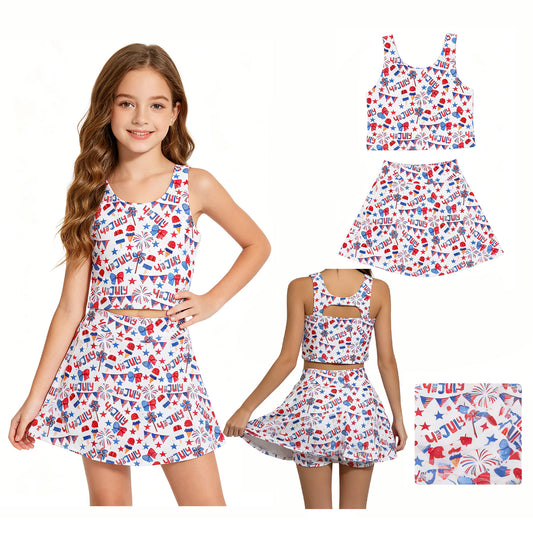 GSD3498 4th of July USA Fireworks Star Flag Ice Cream Bows White Sleeveless Top with Skirts for Girls Yoga Sets 202605 RTS