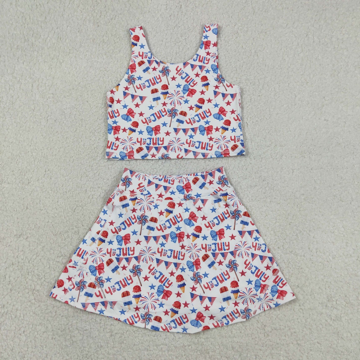 GSD3498 4th of July USA Fireworks Star Flag Ice Cream Bows White Sleeveless Top with Skirts for Girls Yoga Sets 202605 RTS