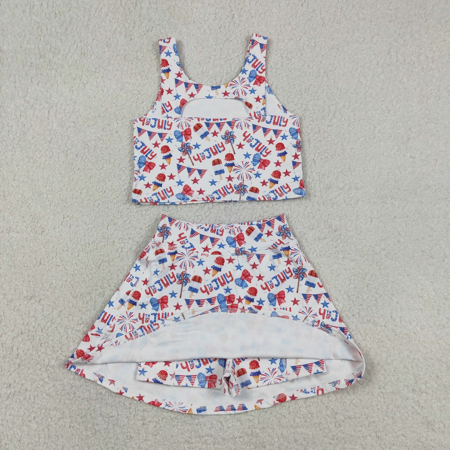 GSD3498 4th of July USA Fireworks Star Flag Ice Cream Bows White Sleeveless Top with Skirts for Girls Yoga Sets 202605 RTS
