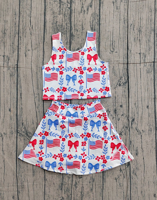 NO MOQ preorder GSD3499 4th of July USA Bows Flower Leaf Flag Sleeveless Top with Skirts for Girls Yoga Sets 202601