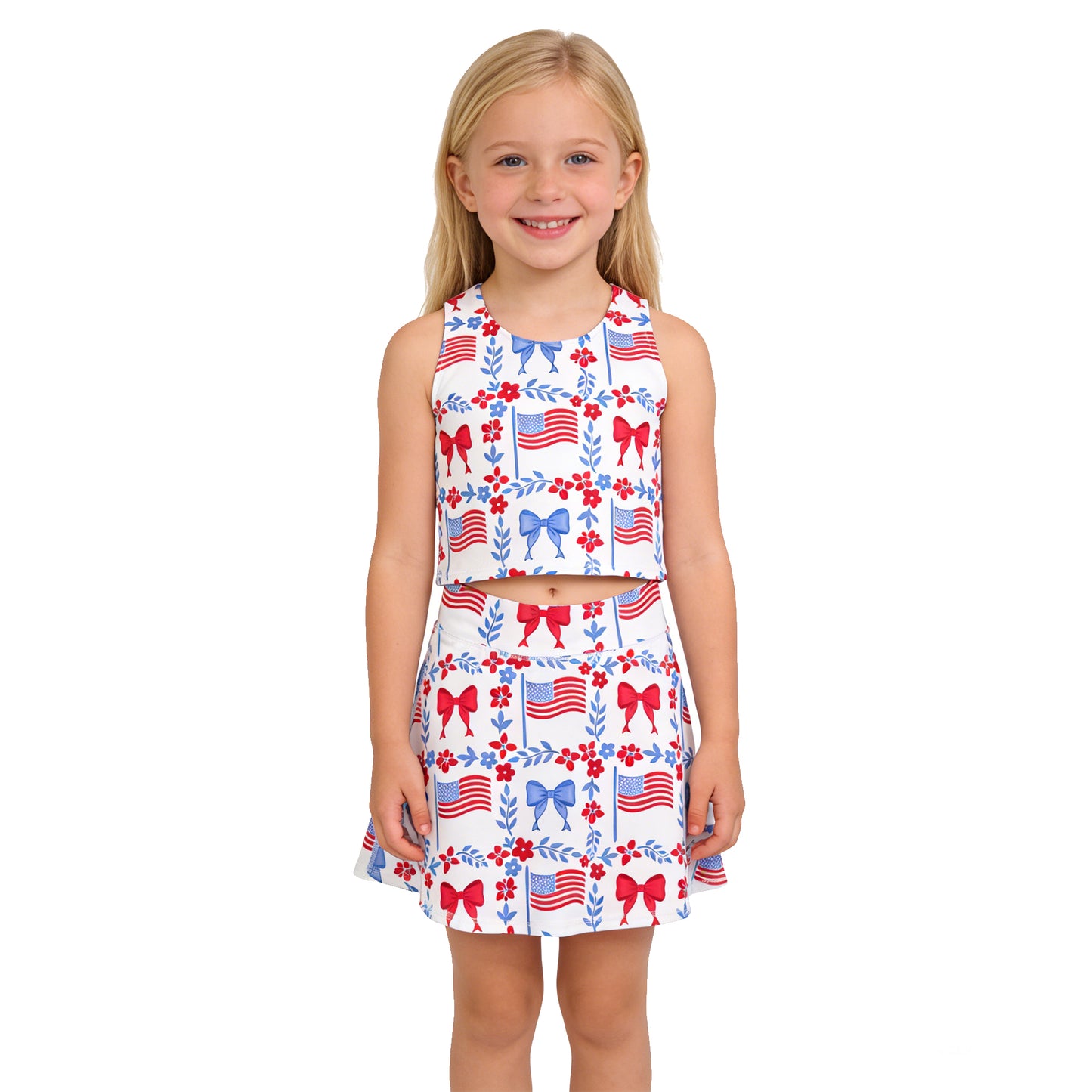GSD3499 4th of July USA Bows Flower Leaf Flag Sleeveless Top with Skirts for Girls Yoga Sets 202603 RTS