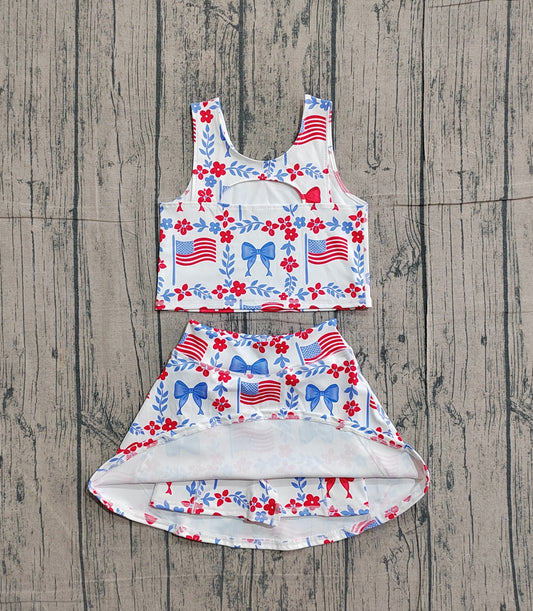 NO MOQ preorder GSD3499 4th of July USA Bows Flower Leaf Flag Sleeveless Top with Skirts for Girls Yoga Sets 202601
