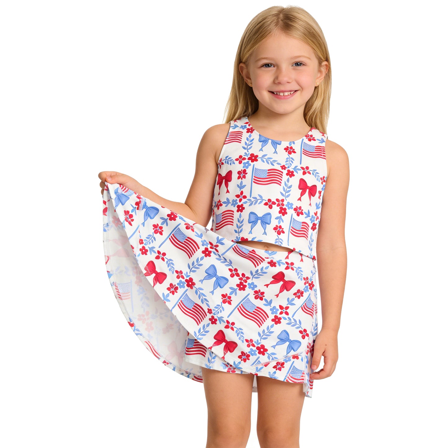 GSD3499 4th of July USA Bows Flower Leaf Flag Sleeveless Top with Skirts for Girls Yoga Sets 202603 RTS