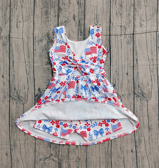 NO MOQ preorder GSD3500 4th of July Flower Leaf Bows Flag Yoga Sleeveless Dresses for Girls 202601