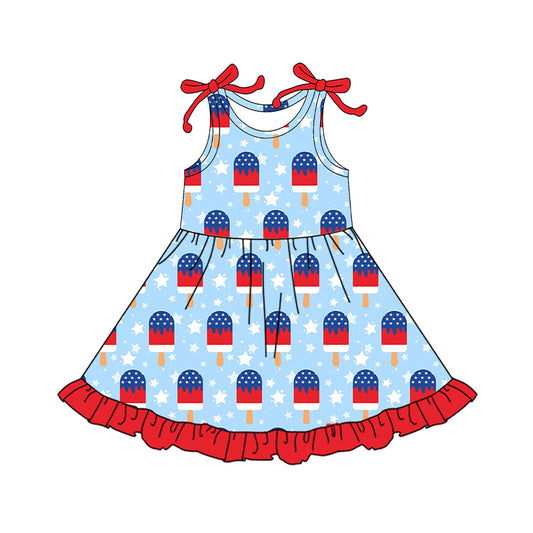MOQ 5 PCS Preorder GSD3502 4th of July Ice Cream Star Red Ruffle Sleeveless Dresses for Girls 202512