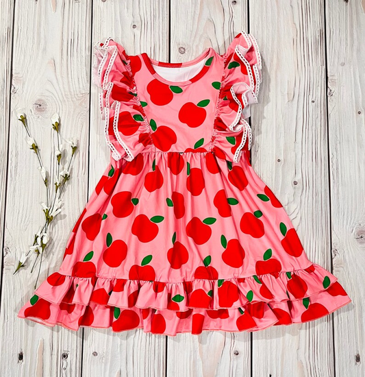 MOQ 5 PCS Preorder GSD3510 Back to School Apple Red Ruffle Flying Sleeve Dresses for Girls 202512