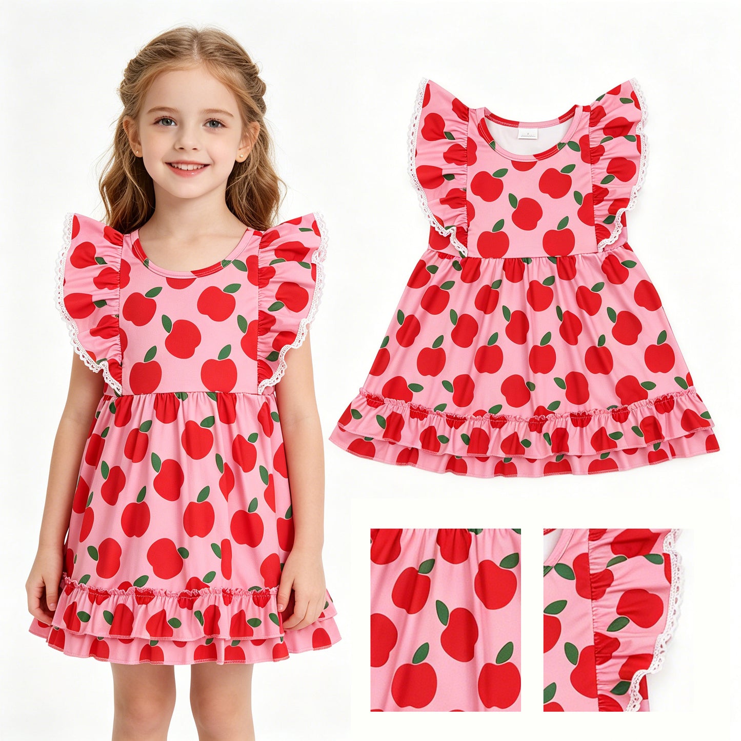 GSD3510 Back to School Apple Red Ruffle Flying Sleeve Dresses for Girls 202605 RTS