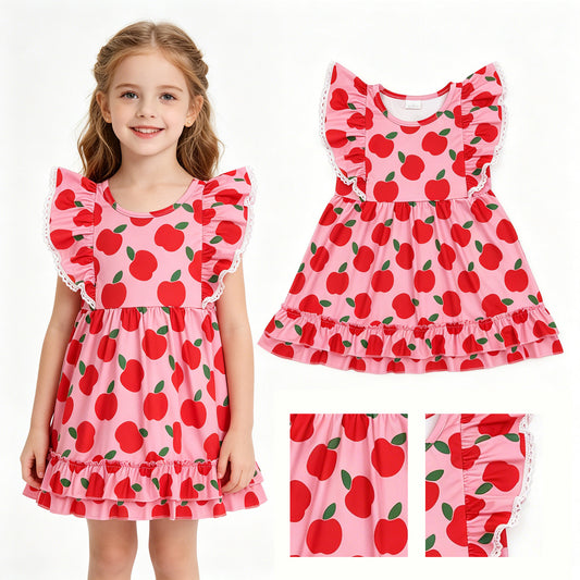 GSD3510 Back to School Apple Red Ruffle Flying Sleeve Dresses for Girls 202605 RTS