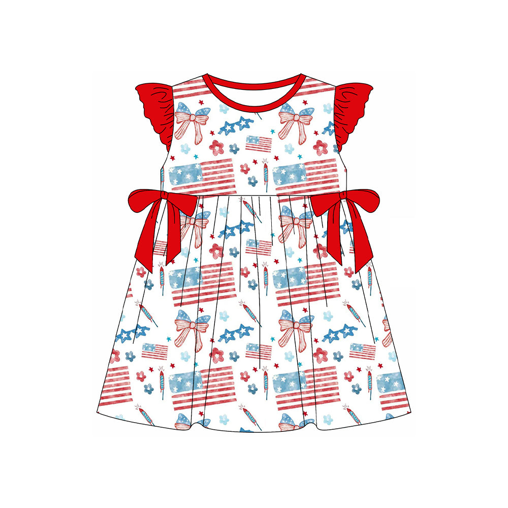 MOQ 5 PCS Preorder GSD3513 4th of July Star Flag Flower Bows Red Bows Flying Sleeve Dresses for Girls 202512