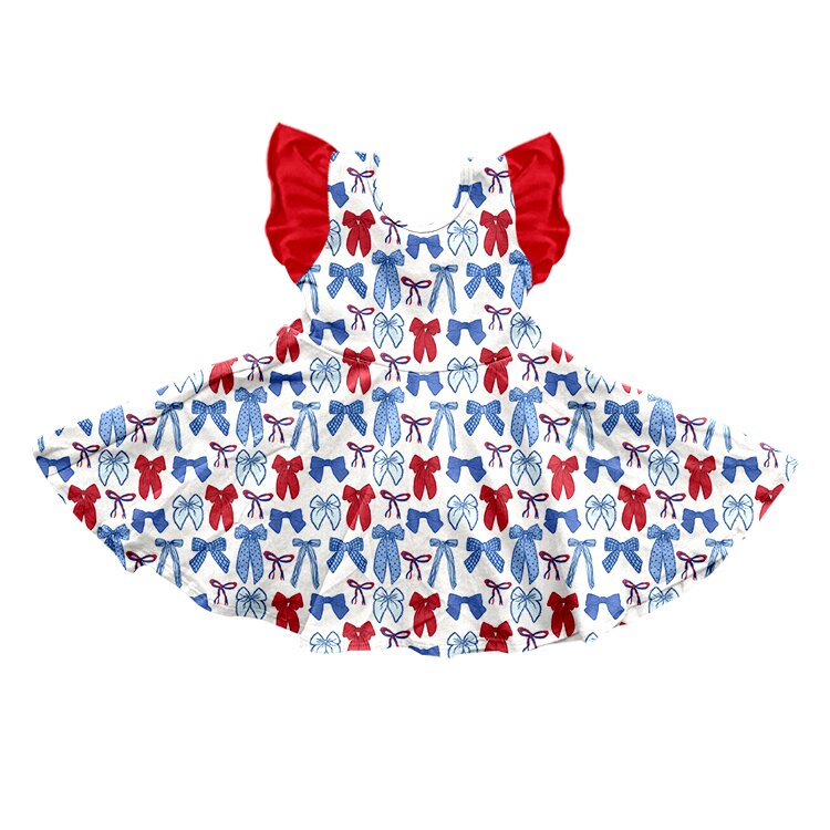 MOQ 5 PCS Preorder GSD3515 4th of July Red Blue Bows Flying Sleeve Dresses for Girls 202512