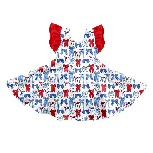 MOQ 5 PCS Preorder GSD3515 4th of July Red Blue Bows Flying Sleeve Dresses for Girls 202512