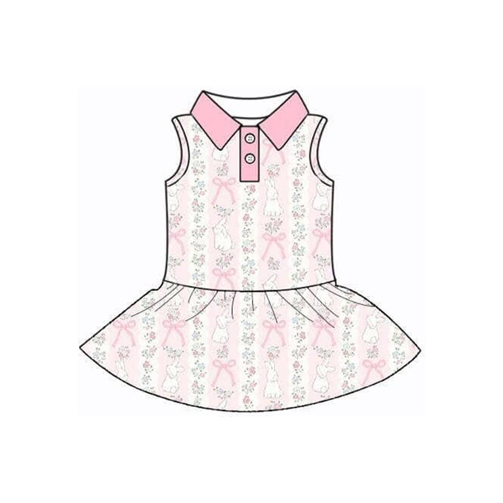MOQ 5 preorder GSD3516 Easter Bunny Flower Bows Pink Polo Yoga Sleeveless Dresses for Girls 202512