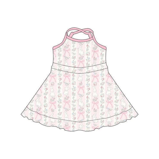 MOQ 5 preorder GSD3517 Easter Bunny Flower Bows Pink Polo Yoga Halter Dresses for Girls 202512